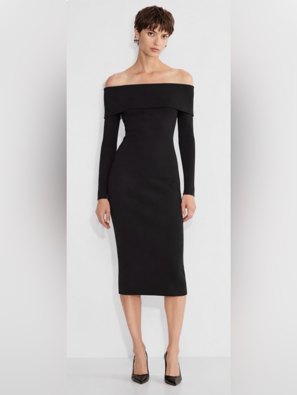 Aritzia Babaton Black Sculpt Knit Section Midi Off Shoulder Dress Size XL NWT